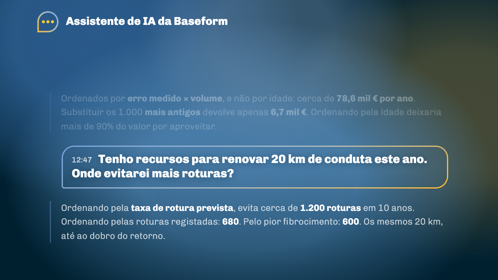 O Assistente de IA da Baseform a comparar as roturas evitadas por três formas de escolher os mesmos 20 km de conduta a renovar